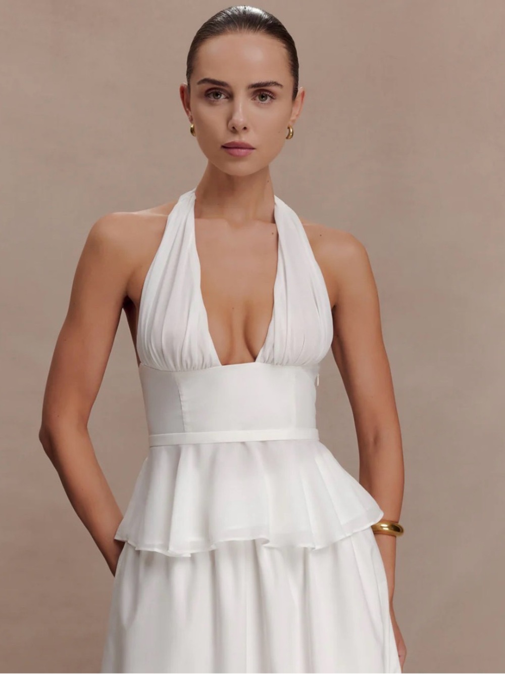 Meshki White One-Shoulder Halter Peplum Top